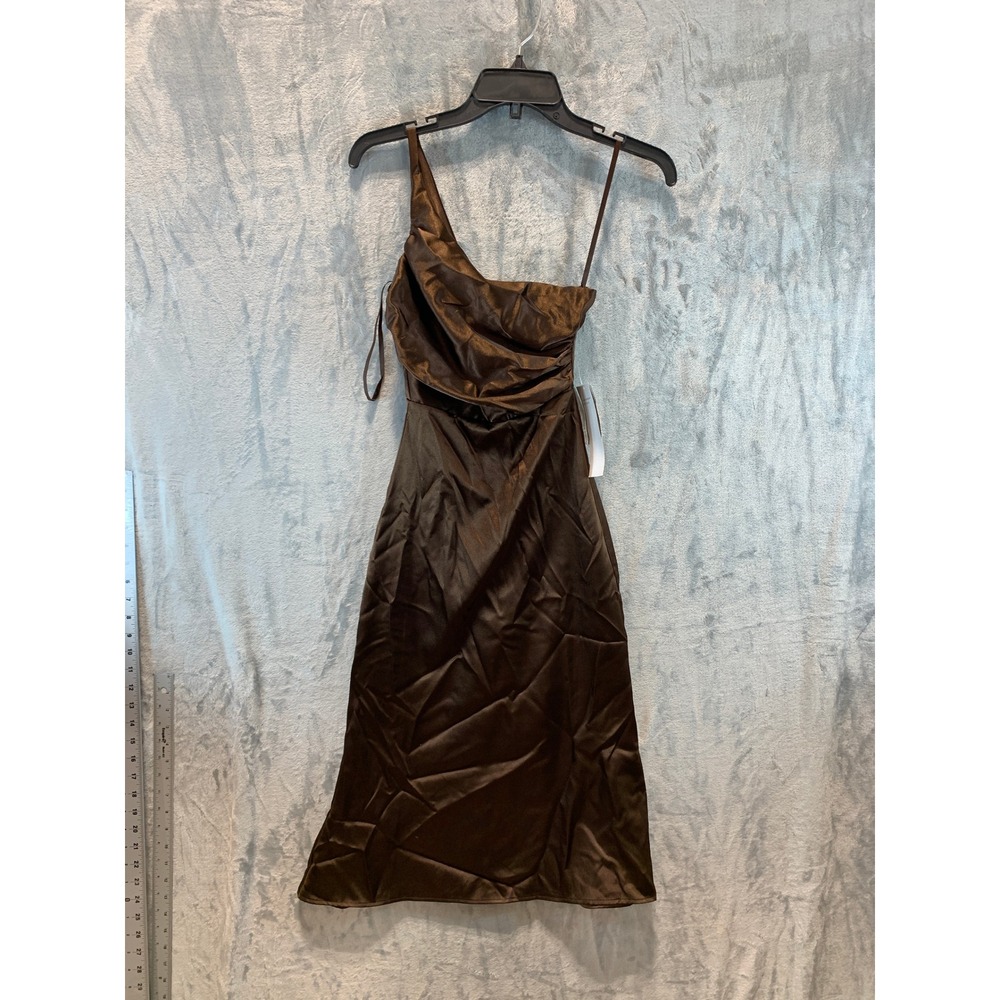 Jump Apparel Womens Chocolate Brown Satin One Shoulder Midi Dress XXS Y2K